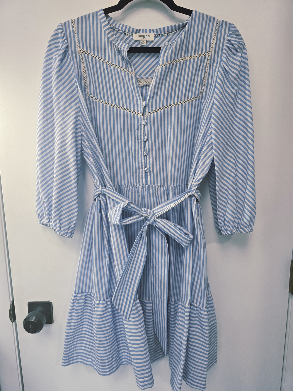 Umgee Light Blue & White Striped Tie-Waist 3/4 Sleeve Midi Dress-Med Boutique